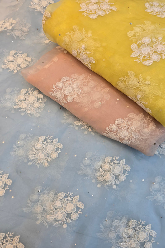 Trio Of White Flowers & Mukaish Embroidered Pure Organza Fabric