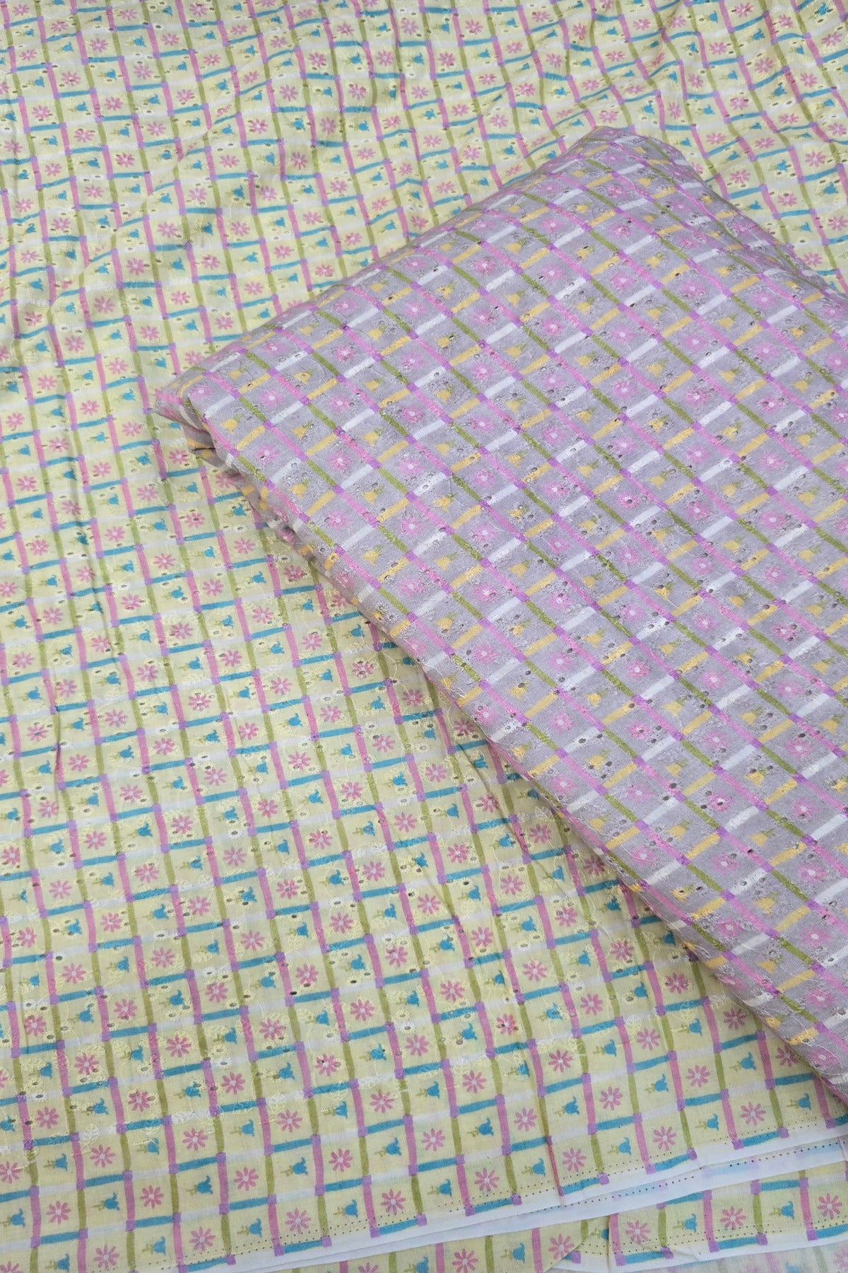 Old Checks With Floral & Multi Color Printed Pure Cotton Hakoba Fabric