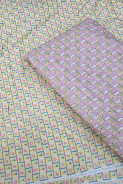 Old Checks With Floral & Multi Color Printed Pure Cotton Hakoba Fabric