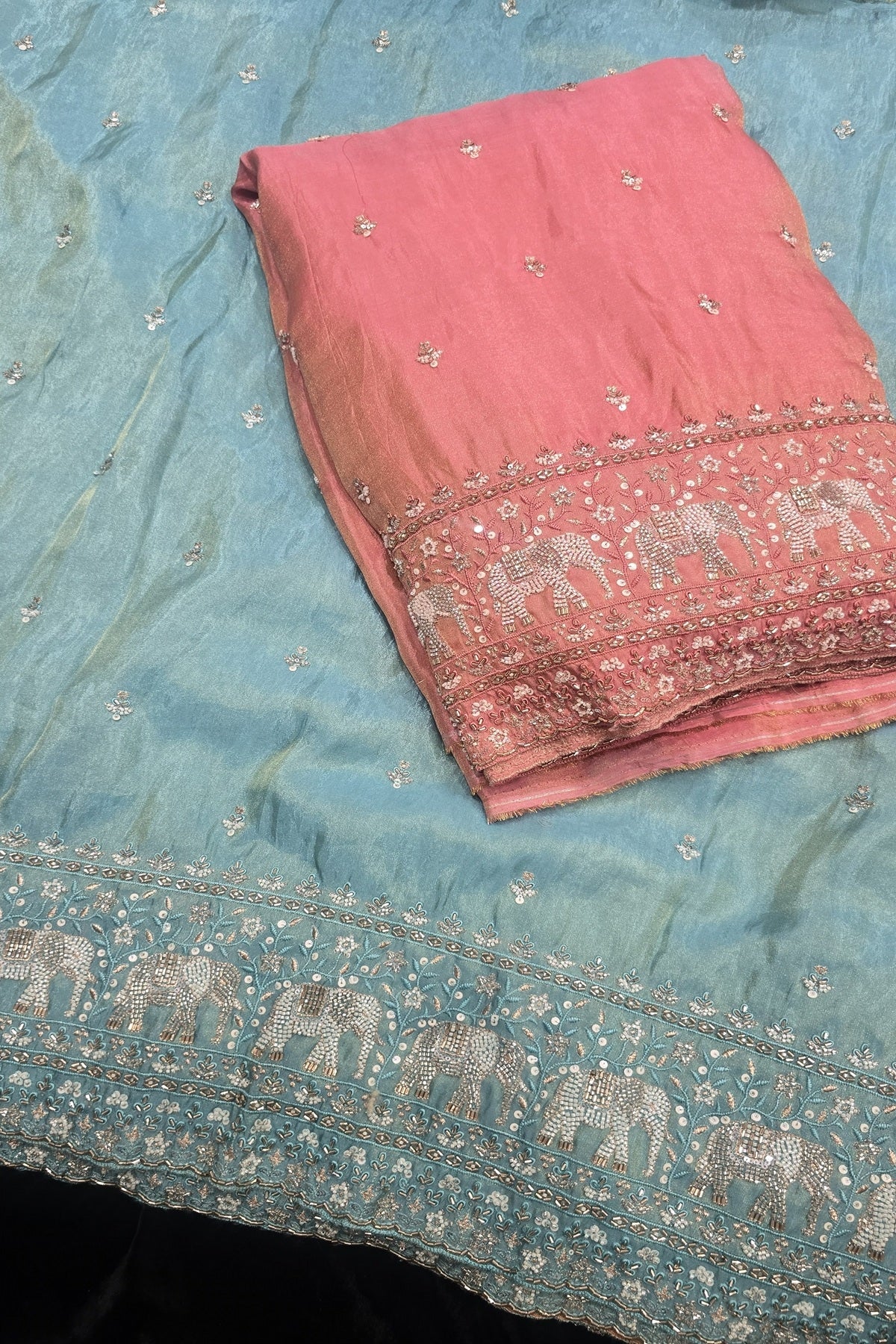 Elephant’s Embroidery With Cut Beads & Sequins Scallop Edged Uppada Tissue Fabric