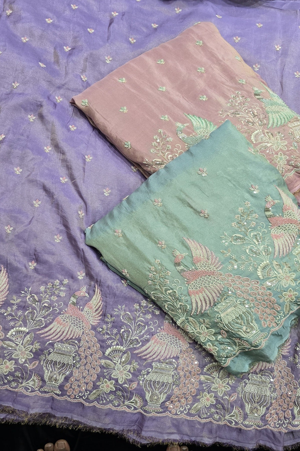 Peafowl Atelier Embroidery With Scallops Edged Uppada Tissue Fabric