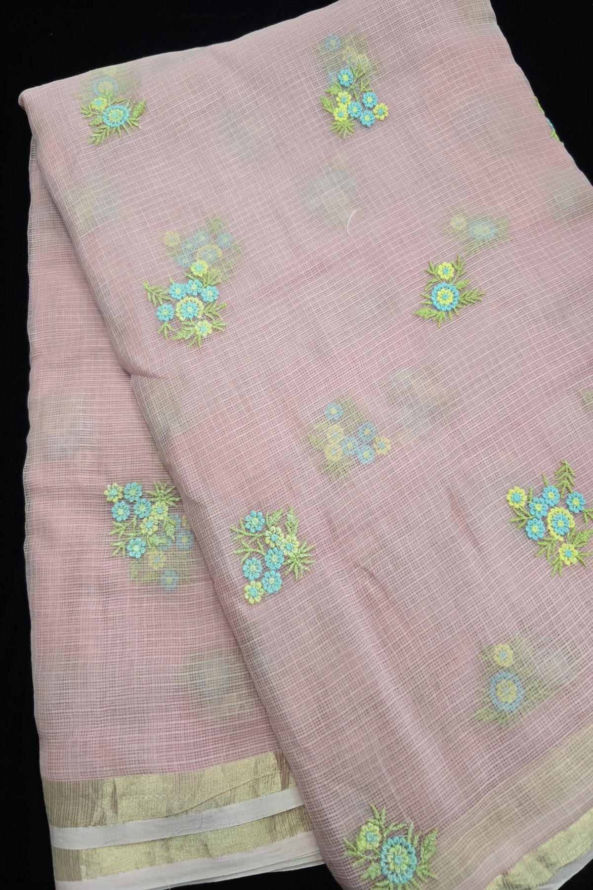 Posy Pastel Floral  Embroidered Pure Silk Kota Fabric