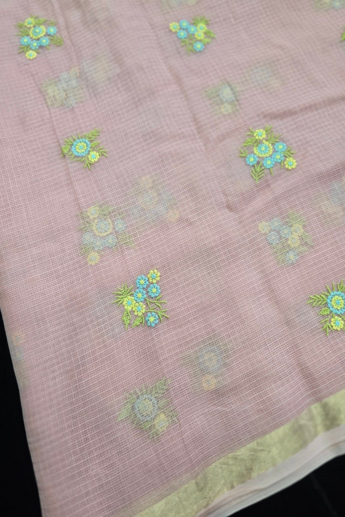 Posy Pastel Floral  Embroidered Pure Silk Kota Fabric