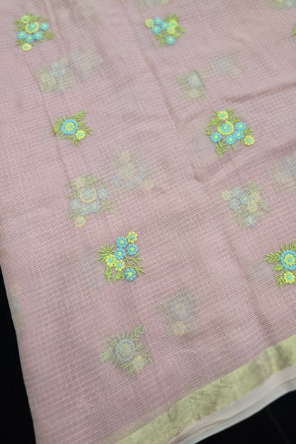 Posy Pastel Floral  Embroidered Pure Silk Kota Fabric