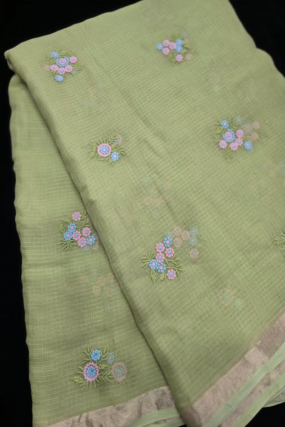Posy Pastel Floral  Embroidered Pure Silk Kota Fabric