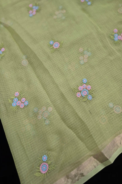Posy Pastel Floral  Embroidered Pure Silk Kota Fabric