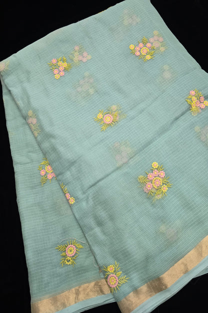 Posy Pastel Floral  Embroidered Pure Silk Kota Fabric