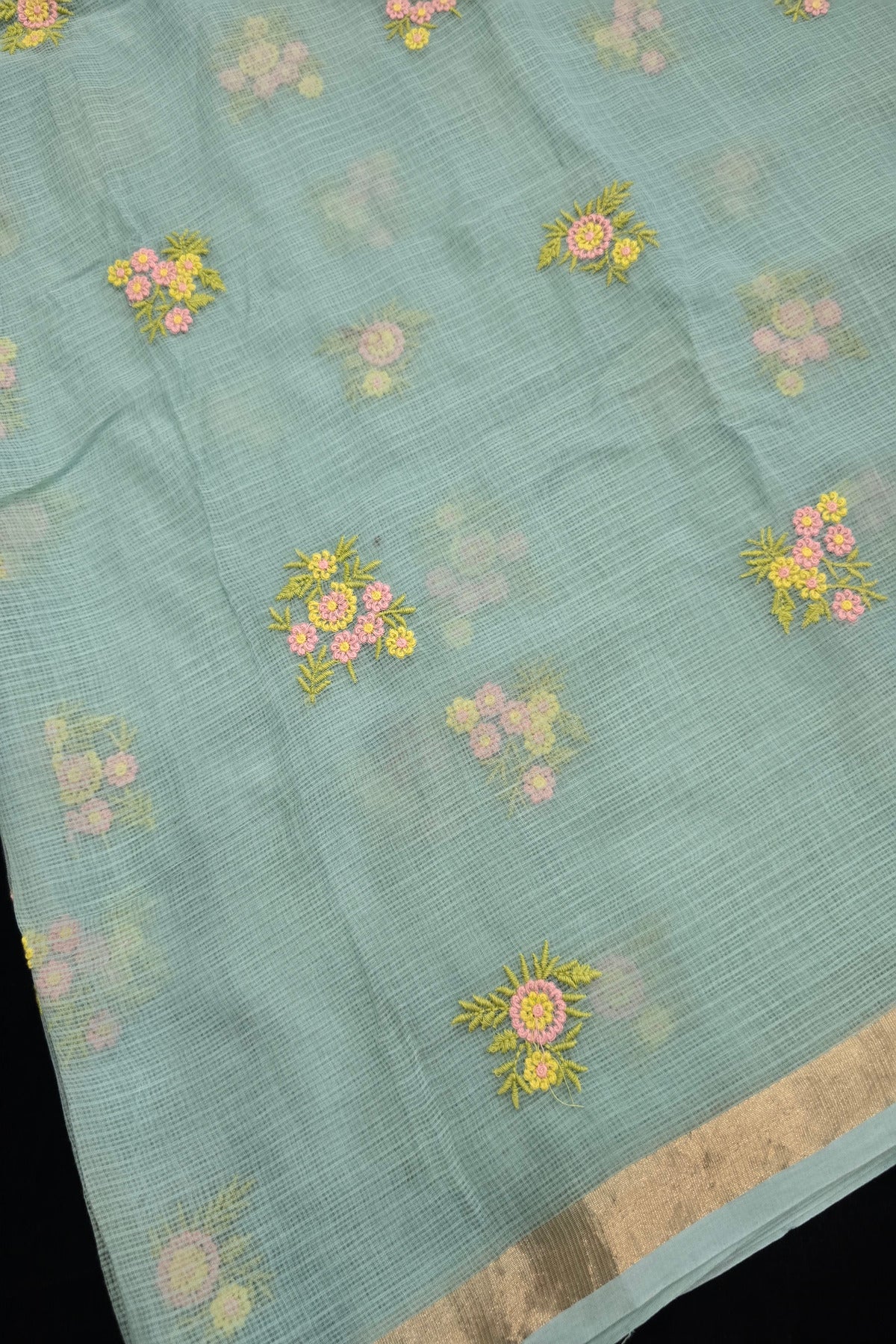 Posy Pastel Floral  Embroidered Pure Silk Kota Fabric