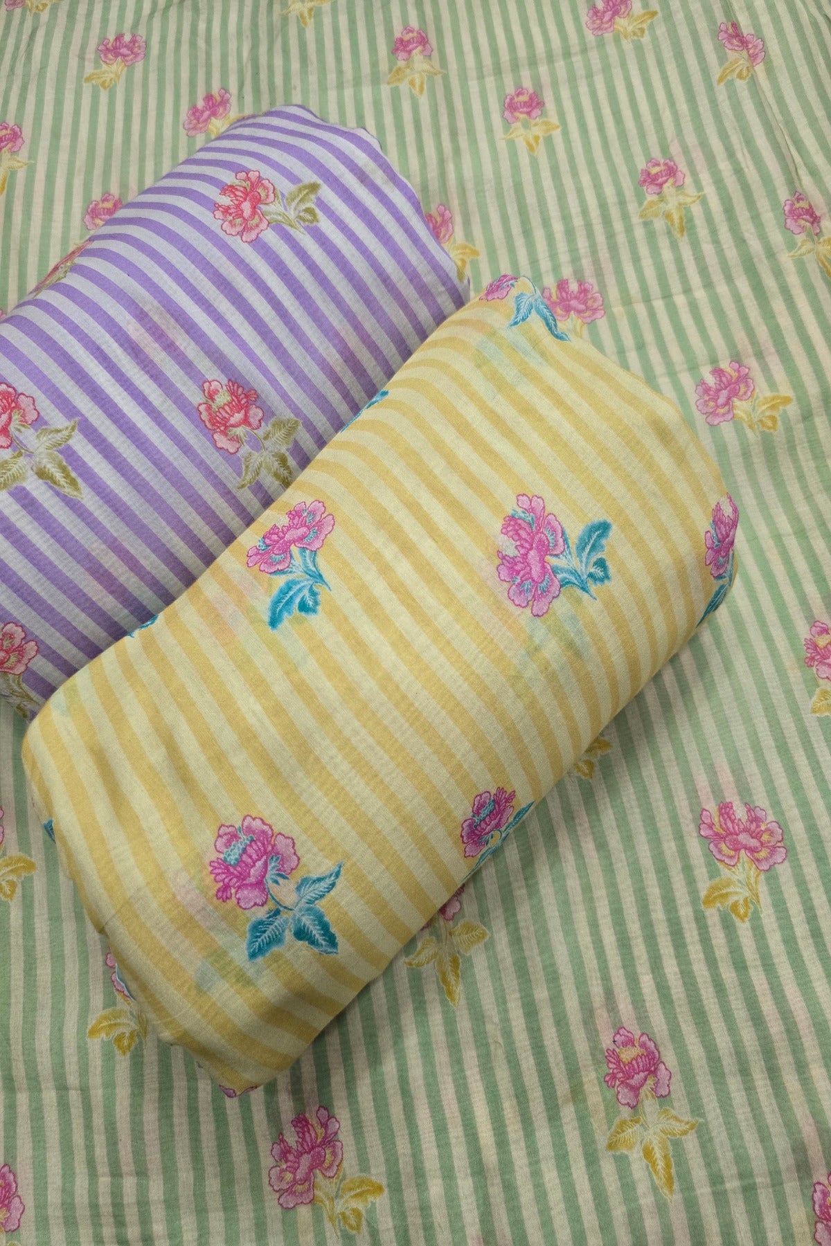 Vertical Stripes With Magnolia Floral Printed Mul  Chanderi Fabric