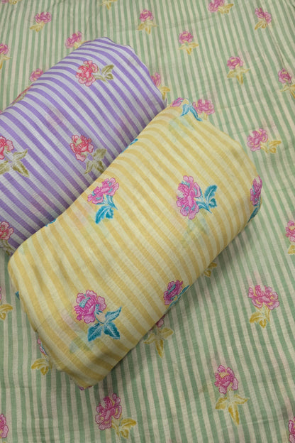 Vertical Stripes With Magnolia Floral Printed Mul  Chanderi Fabric