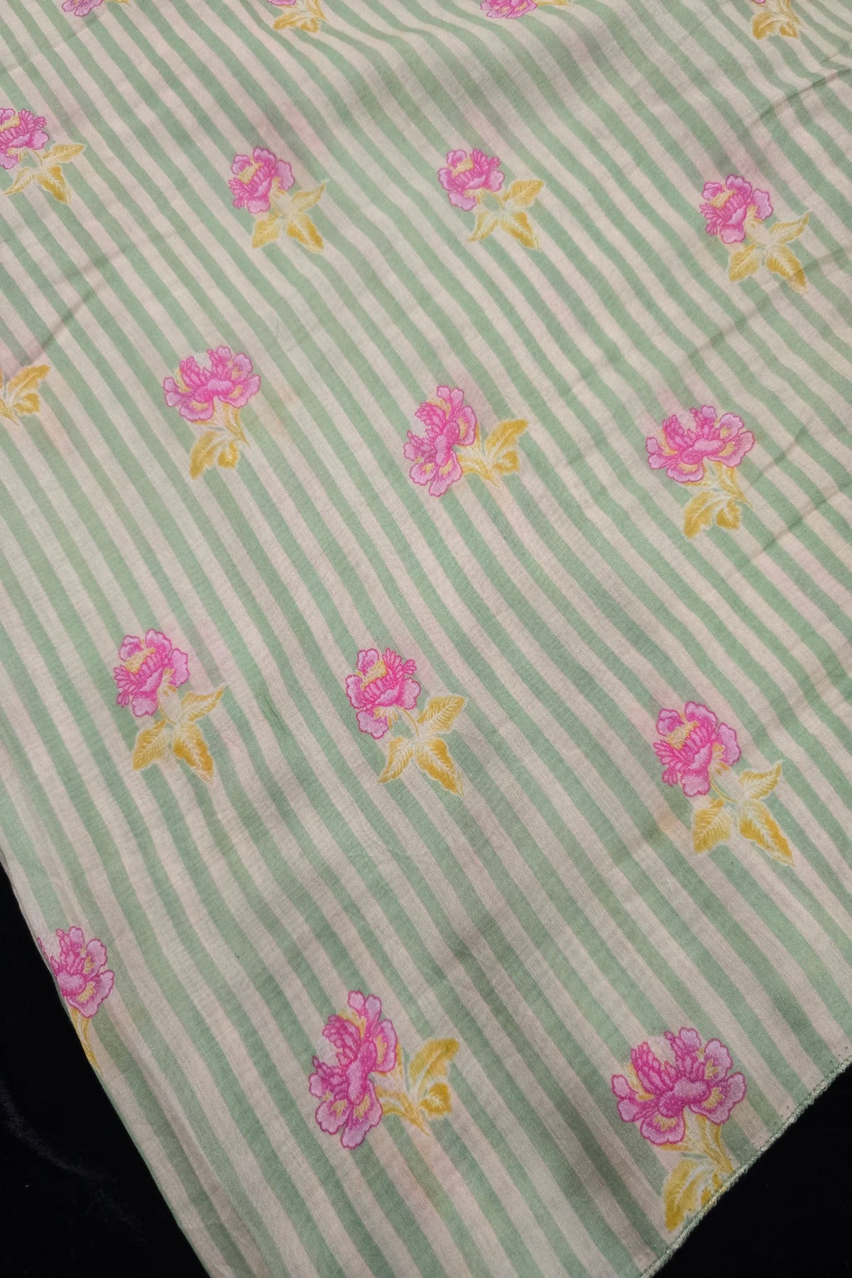 Vertical Stripes With Magnolia Floral Printed Mul  Chanderi Fabric
