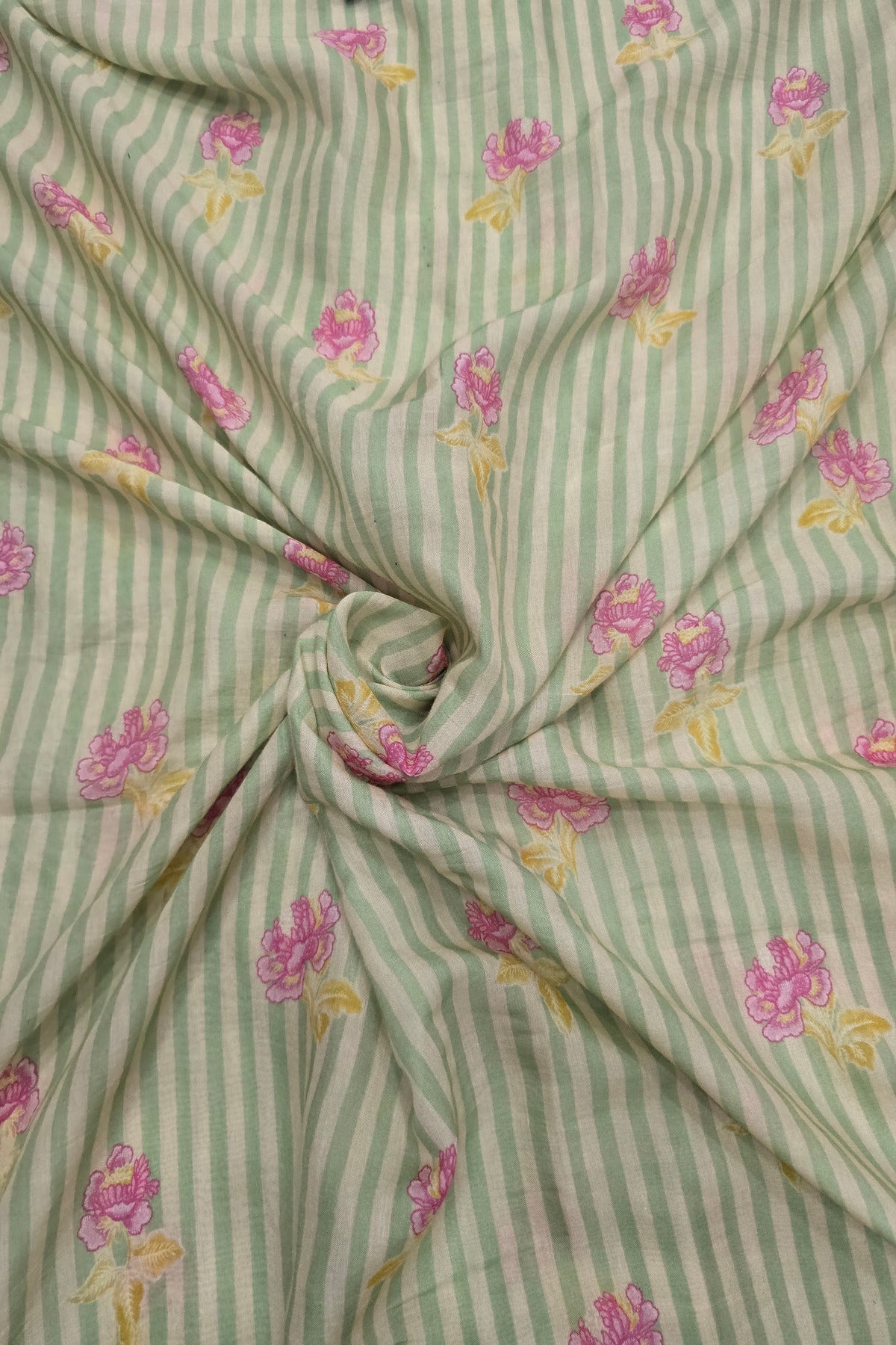 Vertical Stripes With Magnolia Floral Printed Mul  Chanderi Fabric