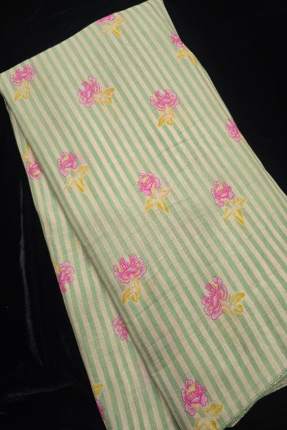 Vertical Stripes With Magnolia Floral Printed Mul  Chanderi Fabric