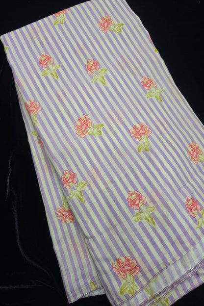 Vertical Stripes With Magnolia Floral Printed Mul  Chanderi Fabric