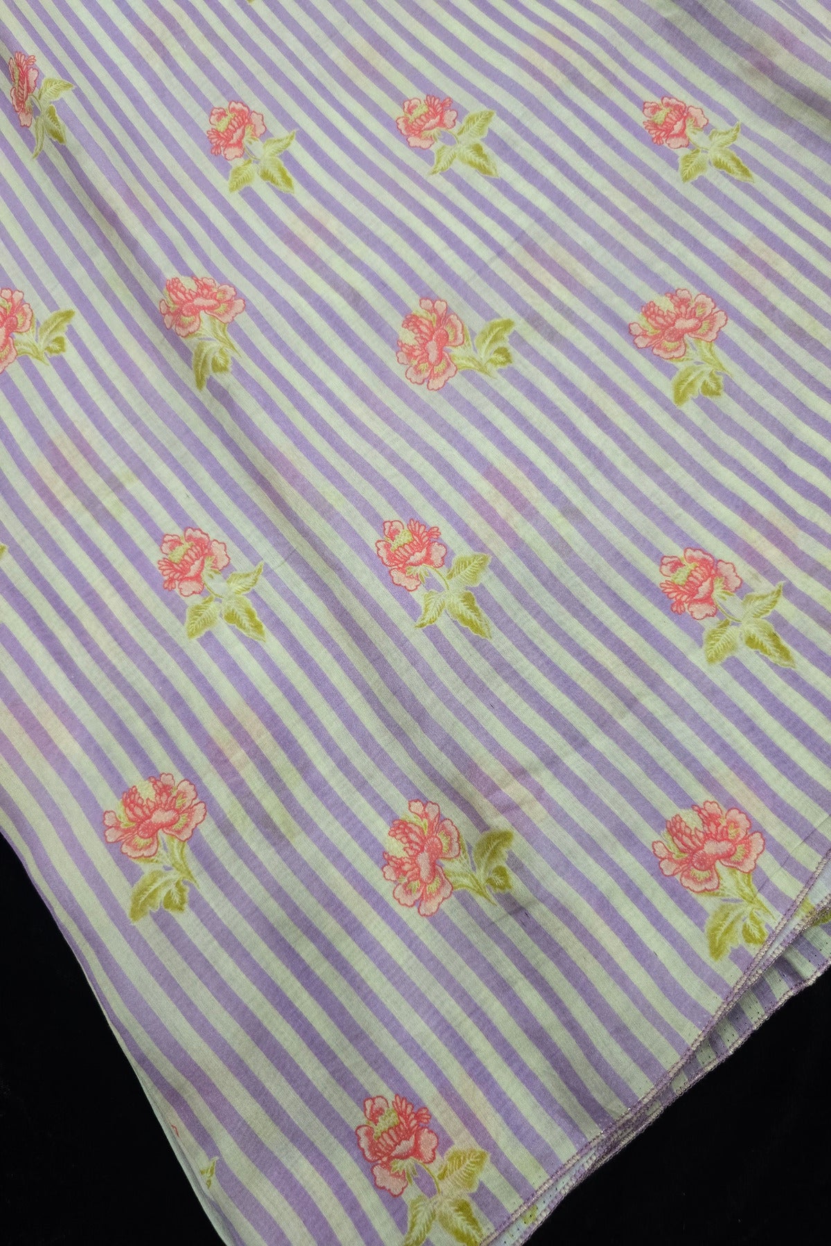 Vertical Stripes With Magnolia Floral Printed Mul  Chanderi Fabric