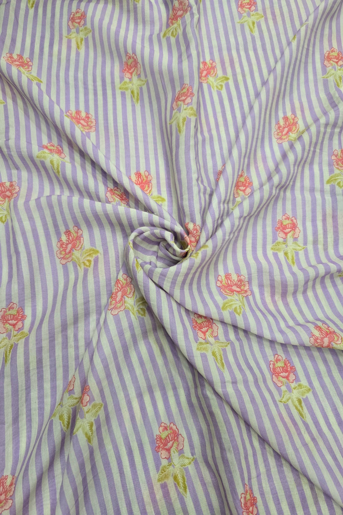 Vertical Stripes With Magnolia Floral Printed Mul  Chanderi Fabric