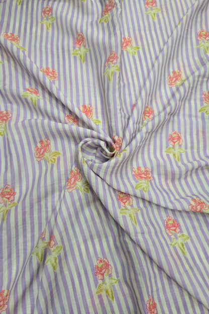 Vertical Stripes With Magnolia Floral Printed Mul  Chanderi Fabric