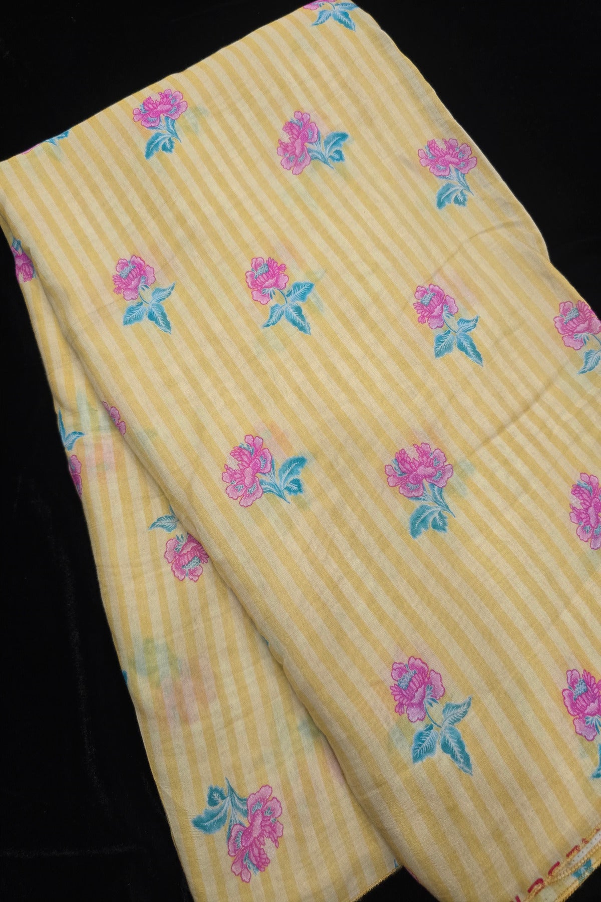 Vertical Stripes With Magnolia Floral Printed Mul  Chanderi Fabric