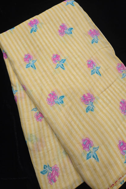 Vertical Stripes With Magnolia Floral Printed Mul  Chanderi Fabric