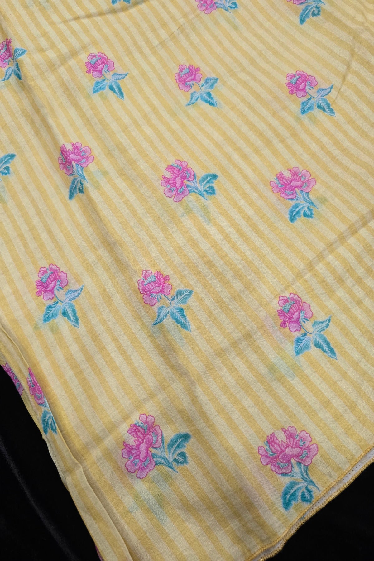 Vertical Stripes With Magnolia Floral Printed Mul  Chanderi Fabric