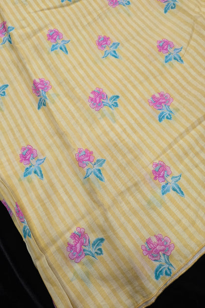 Vertical Stripes With Magnolia Floral Printed Mul  Chanderi Fabric