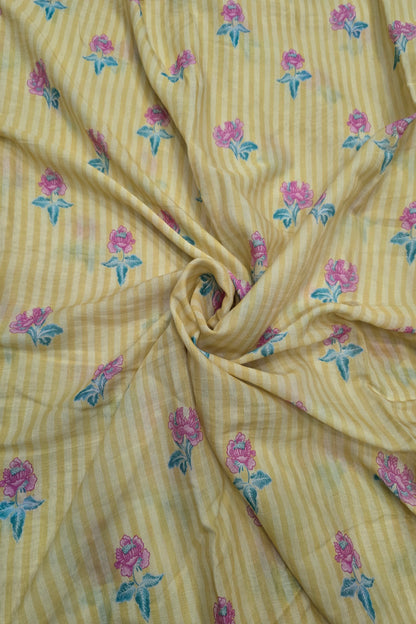 Vertical Stripes With Magnolia Floral Printed Mul  Chanderi Fabric