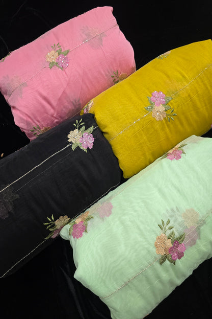 Horizontal Sequins With Dual Floral Bunches Embroidered Mul Chanderi Fabric