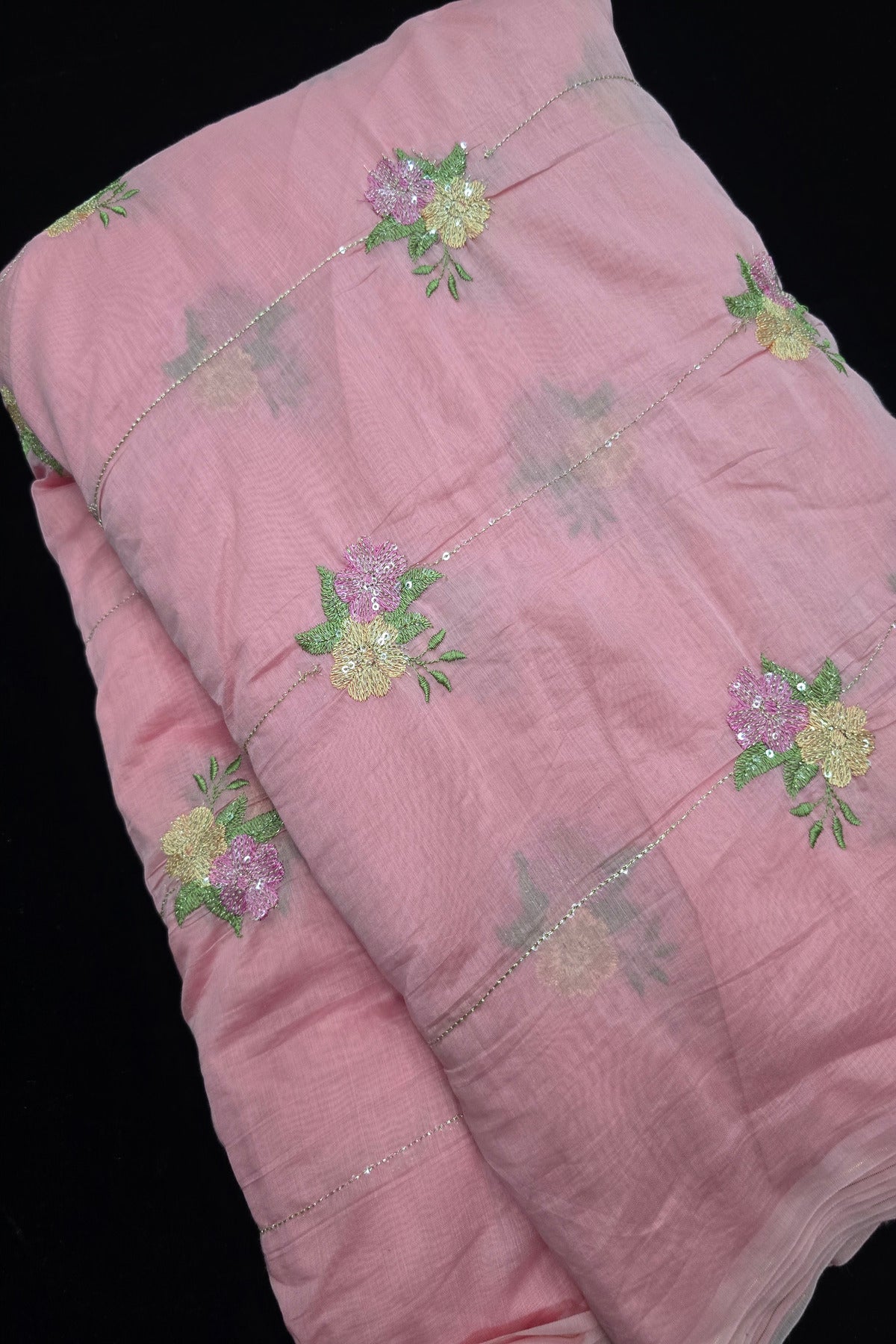 Horizontal Sequins With Dual Floral Bunches Embroidered Mul Chanderi Fabric