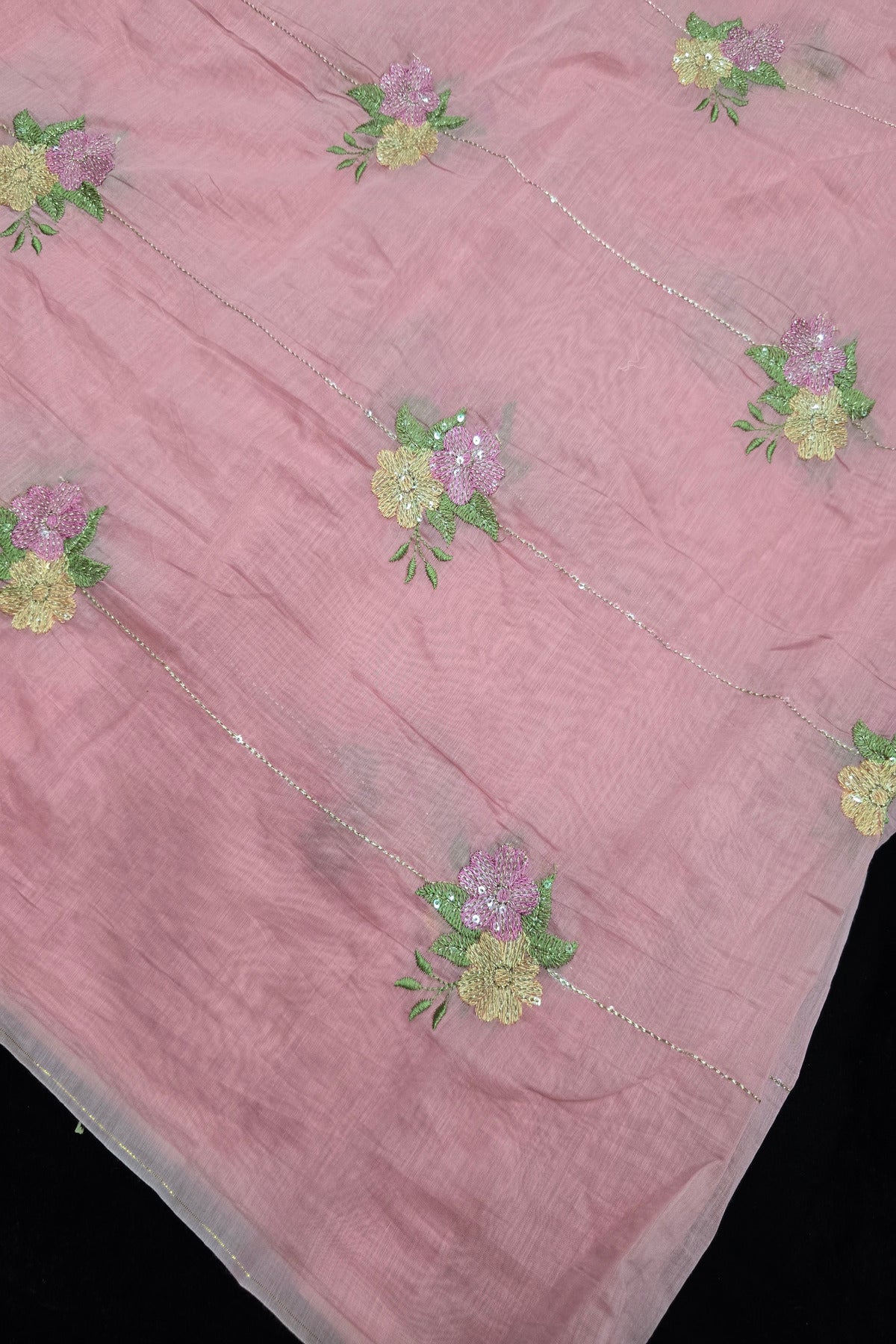 Horizontal Sequins With Dual Floral Bunches Embroidered Mul Chanderi Fabric