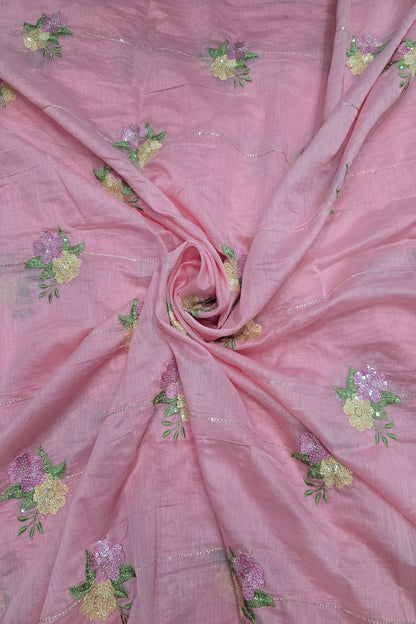 Horizontal Sequins With Dual Floral Bunches Embroidered Mul Chanderi Fabric
