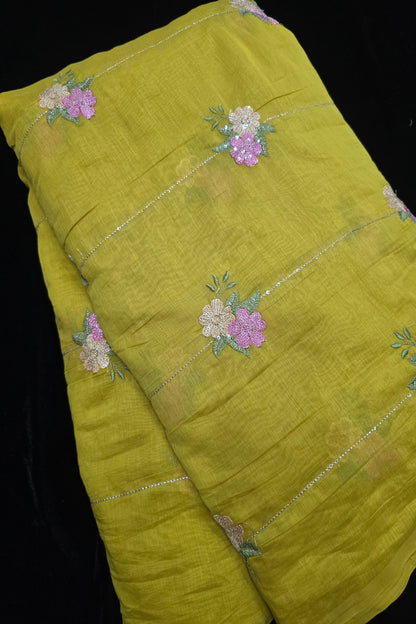 Horizontal Sequins With Dual Floral Bunches Embroidered Mul Chanderi Fabric