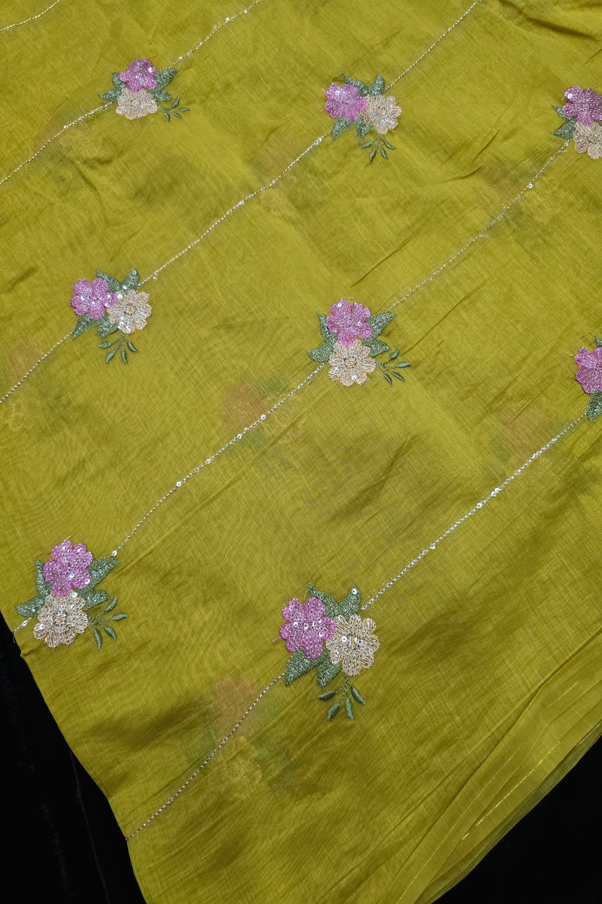 Horizontal Sequins With Dual Floral Bunches Embroidered Mul Chanderi Fabric