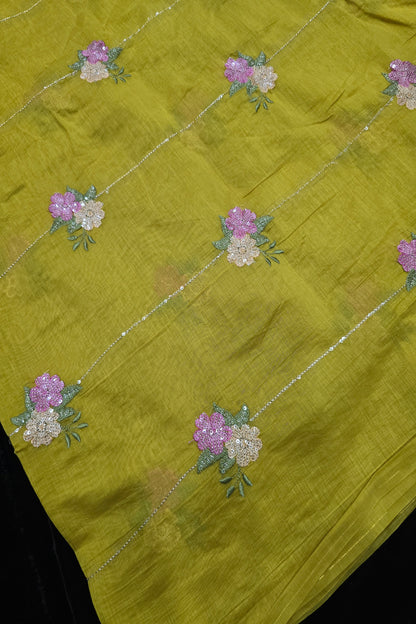 Horizontal Sequins With Dual Floral Bunches Embroidered Mul Chanderi Fabric