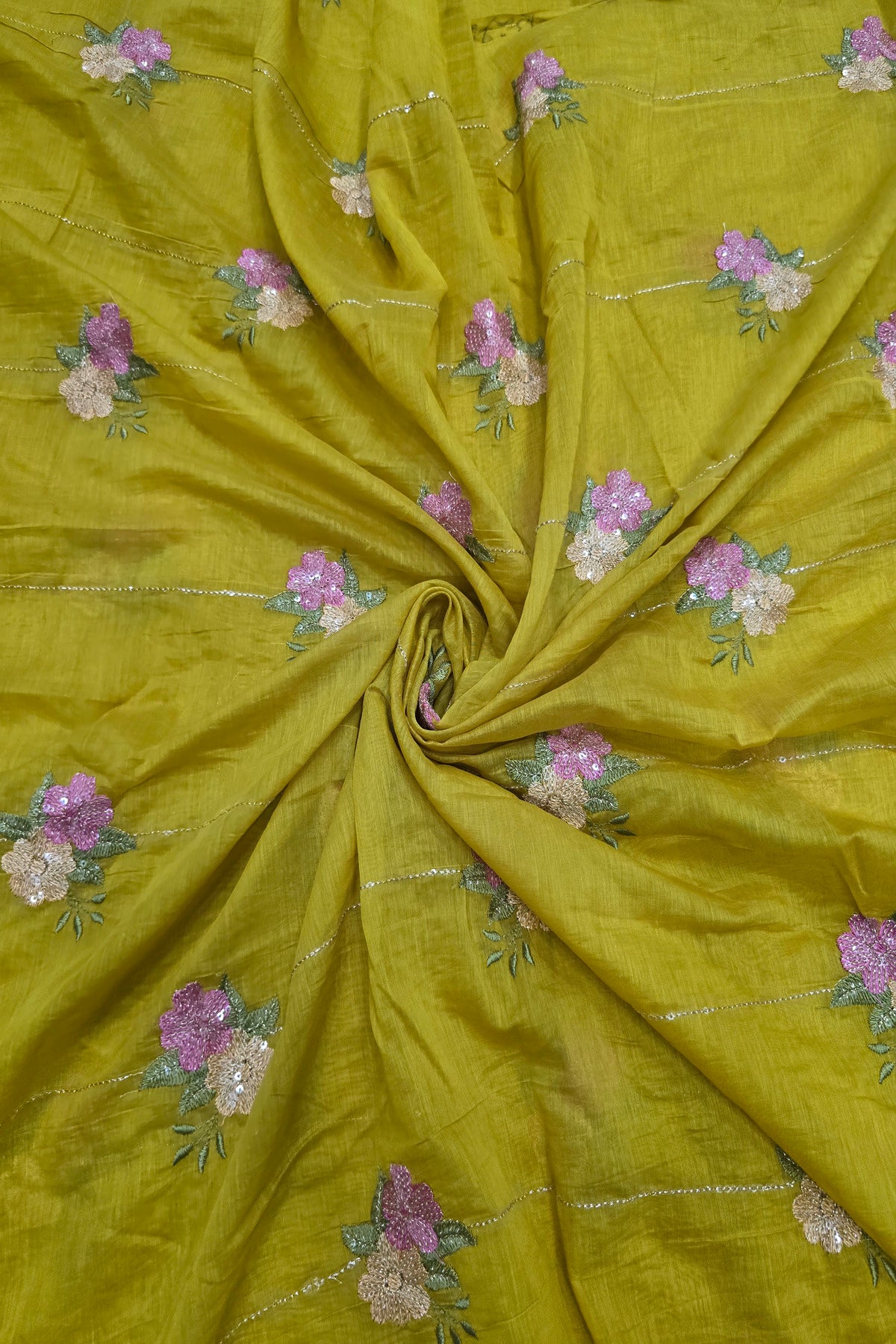 Horizontal Sequins With Dual Floral Bunches Embroidered Mul Chanderi Fabric