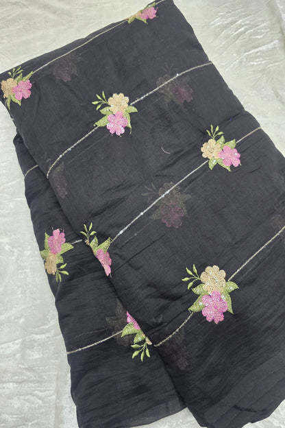 Horizontal Sequins With Dual Floral Bunches Embroidered Mul Chanderi Fabric