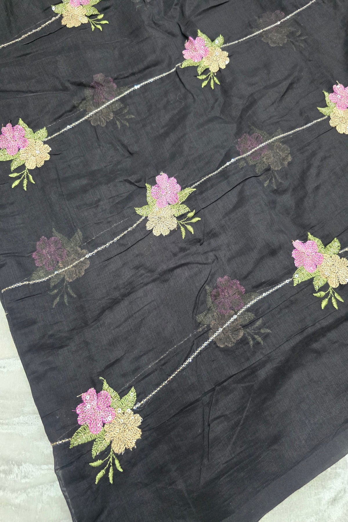 Horizontal Sequins With Dual Floral Bunches Embroidered Mul Chanderi Fabric