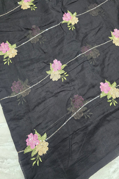 Horizontal Sequins With Dual Floral Bunches Embroidered Mul Chanderi Fabric