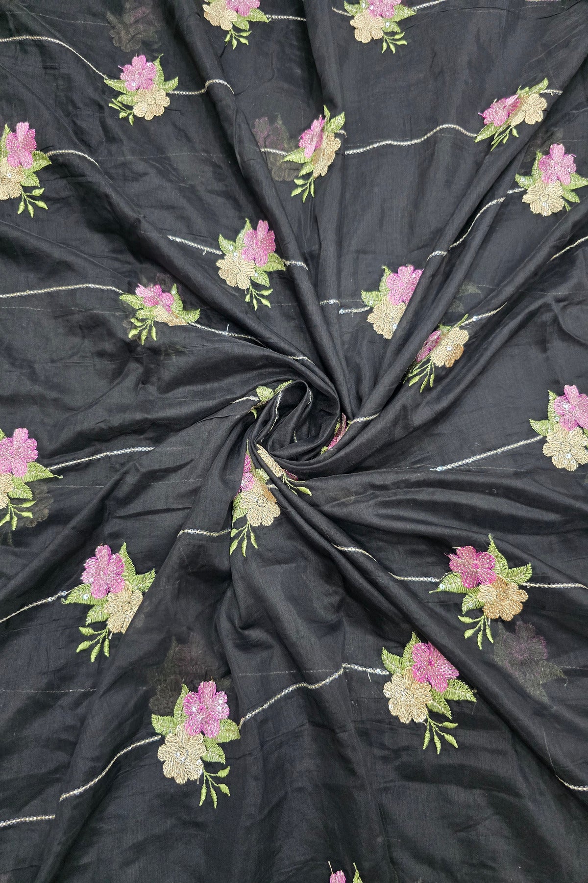 Horizontal Sequins With Dual Floral Bunches Embroidered Mul Chanderi Fabric