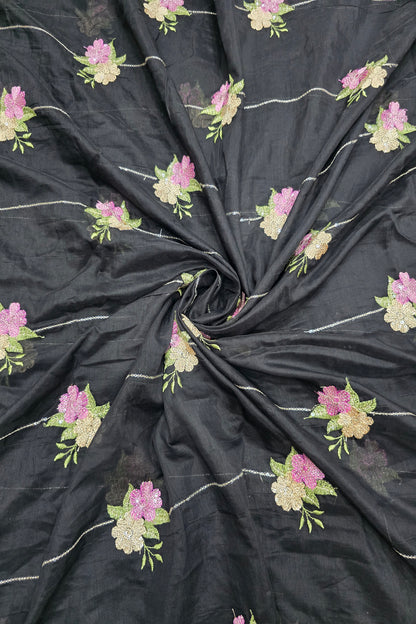 Horizontal Sequins With Dual Floral Bunches Embroidered Mul Chanderi Fabric