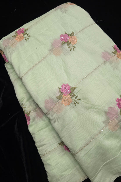 Horizontal Sequins With Dual Floral Bunches Embroidered Mul Chanderi Fabric