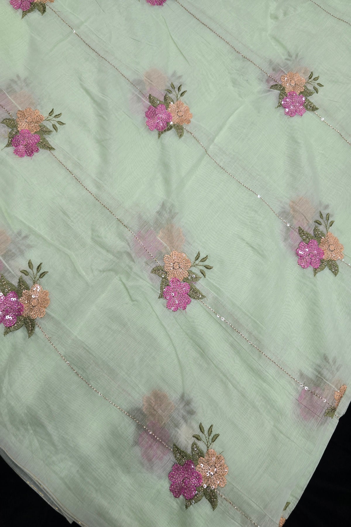Horizontal Sequins With Dual Floral Bunches Embroidered Mul Chanderi Fabric
