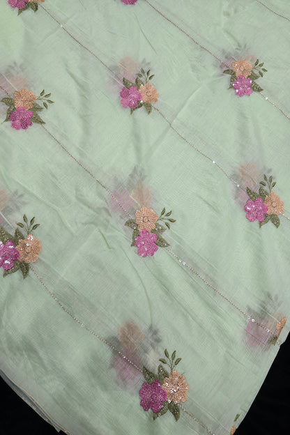 Horizontal Sequins With Dual Floral Bunches Embroidered Mul Chanderi Fabric