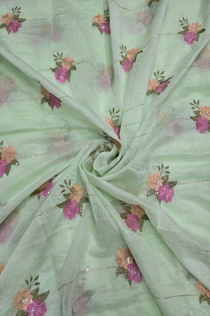 Horizontal Sequins With Dual Floral Bunches Embroidered Mul Chanderi Fabric