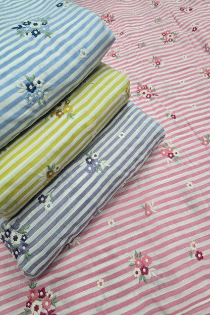 Vertical Lines With Floral Bunches Embroidered Pure Cotton Fabric