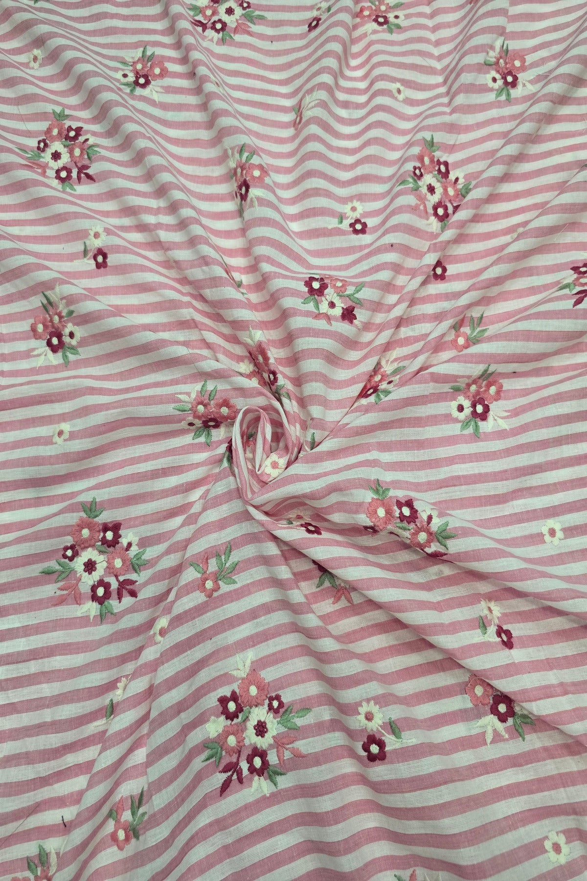 Vertical Lines With Floral Bunches Embroidered Pure Cotton Fabric