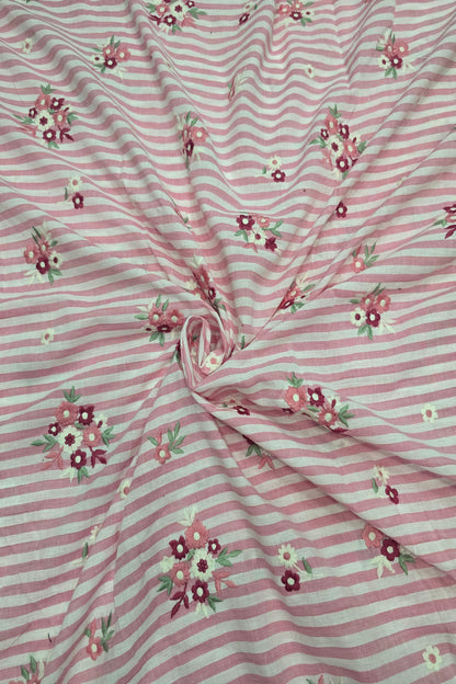 Vertical Lines With Floral Bunches Embroidered Pure Cotton Fabric