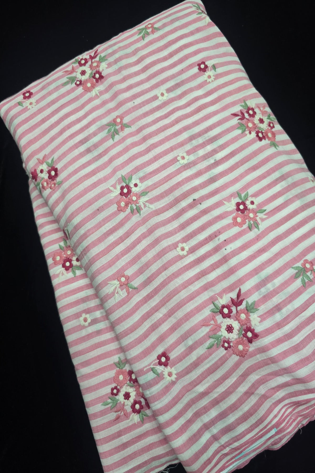 Vertical Lines With Floral Bunches Embroidered Pure Cotton Fabric
