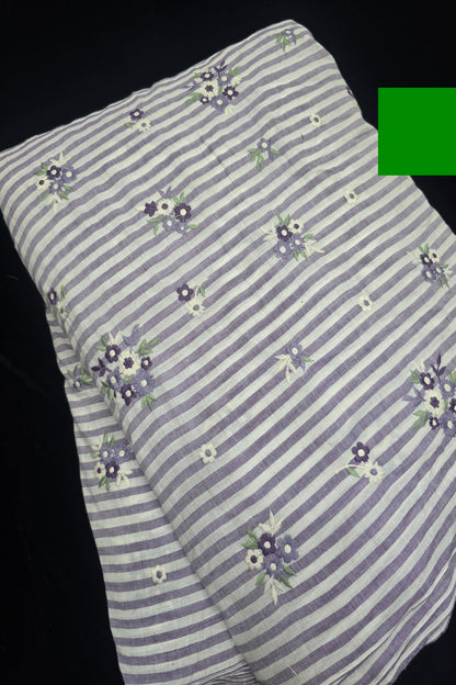 Vertical Lines With Floral Bunches Embroidered Pure Cotton Fabric