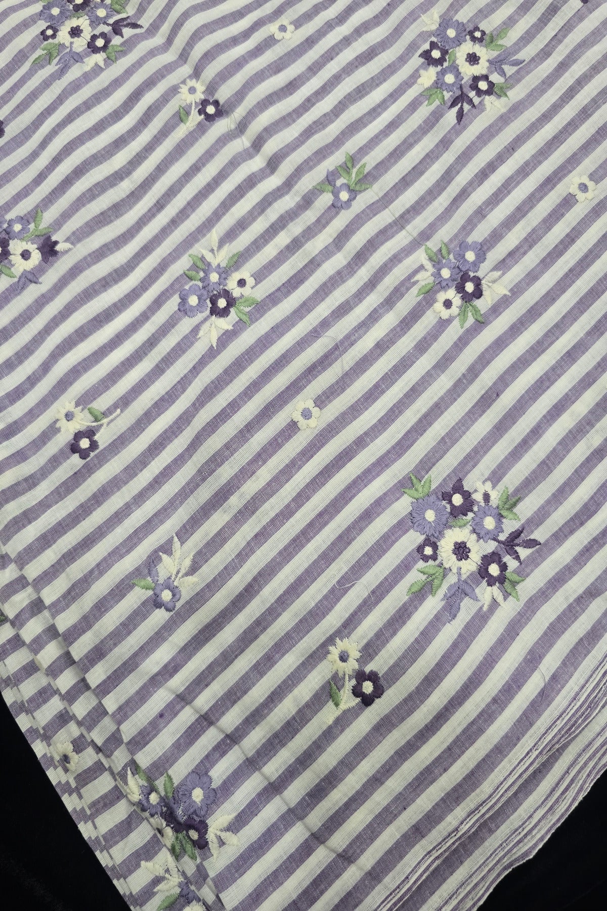 Vertical Lines With Floral Bunches Embroidered Pure Cotton Fabric
