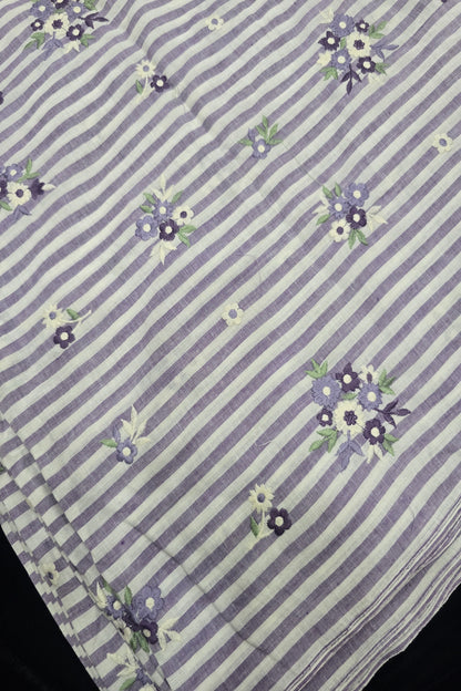 Vertical Lines With Floral Bunches Embroidered Pure Cotton Fabric